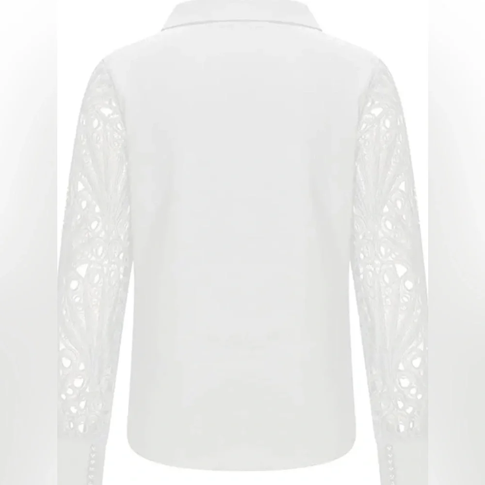Elegant Hollow Out Solid Color Blouse Collar Long Sleeve